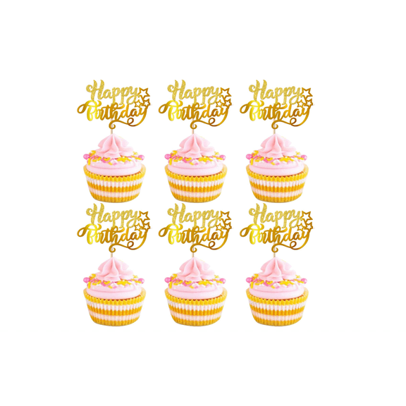 Happy Birthday Cupcake Toppers, Gold Glitter, Star Design, 10 Pack, Birthday Party Cake Decorations