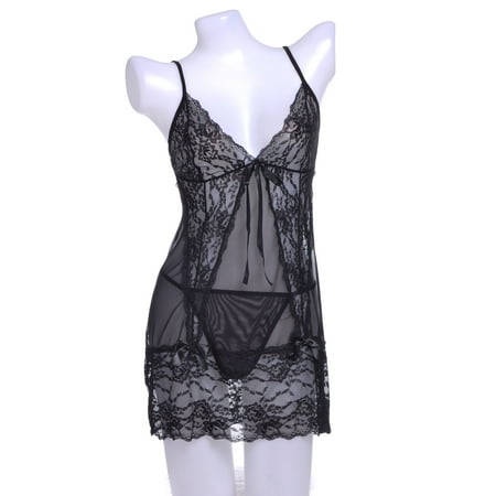 Black Negligee - Anna-Kaci S/M Fit Black Pointed Lace Panel Front & Hem Trim Corset Back Negligee