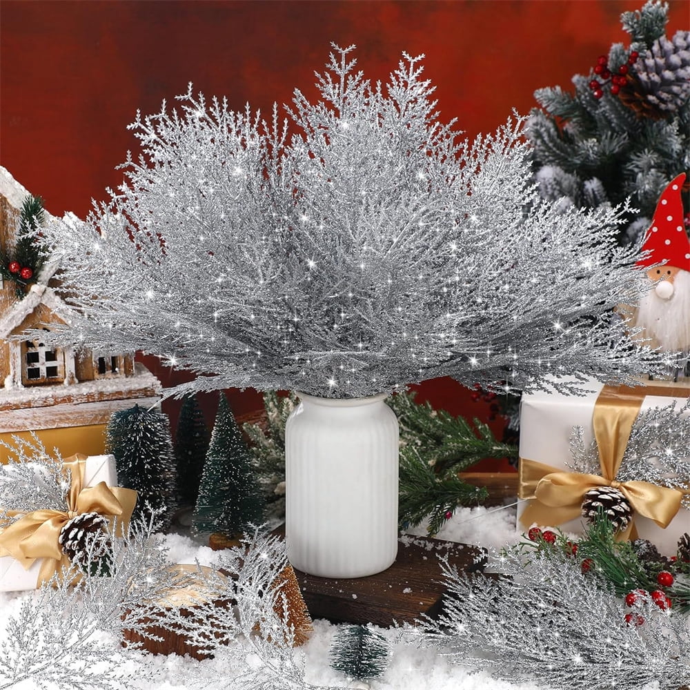 NOGIS Artificial Glitter Pine Tree Twig Ornaments, 24 Pcs Christmas Artificial Pine Branches Faux Cedar Picks Decorative Sticks Glittery Stems for Vase Fillers Holiday Wedding Decor (Silver)