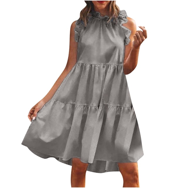 LOVZFMLL Robes d'Été pour Femmes Couleur Unie Mode Décontractée Col Montant Sans Manches Col Rond