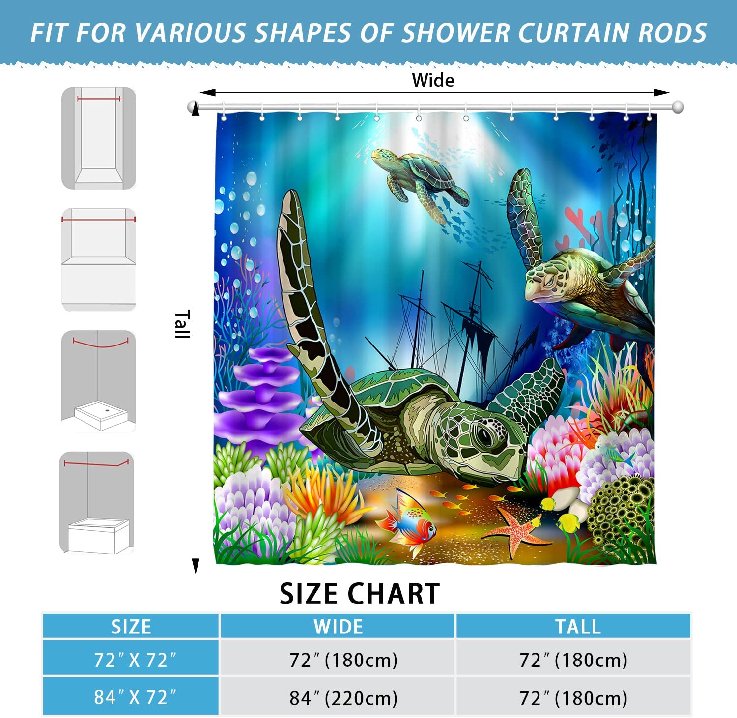 Green Sea Turtles Shower Curtain Sets Bathroom Blue Ocean Beach Home Bathtub Decor with 12 Hooks Washable Durable Polyester Fabric 72"x72"