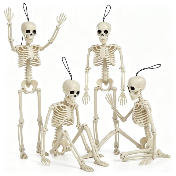 Fdyrgv 4 Pack 16" Posable Full Body Skeleton, Halloween Skeleton Decor with Movable Joints & Adjustable Jaw, Built-in Hanging String, Water Resistant Graveyard Haunted House Yard Décor