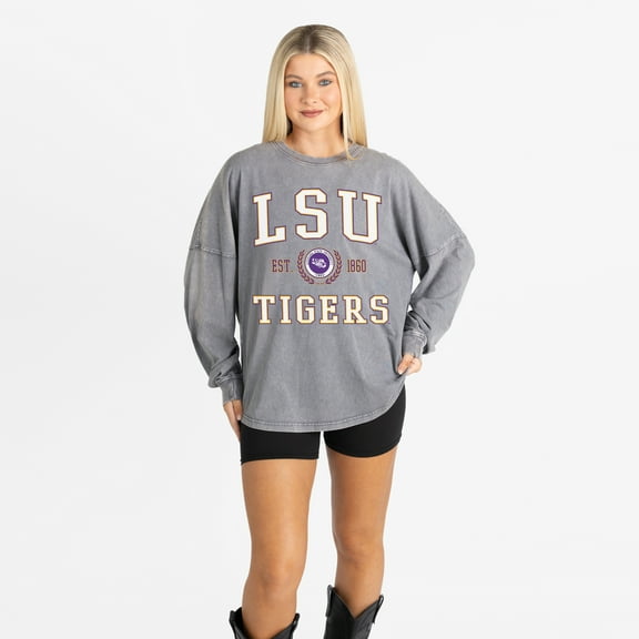 Women's Gameday Couture Gray LSU Tigers Oversized Final Score Snow Wash Long Sleeve T-Shirt