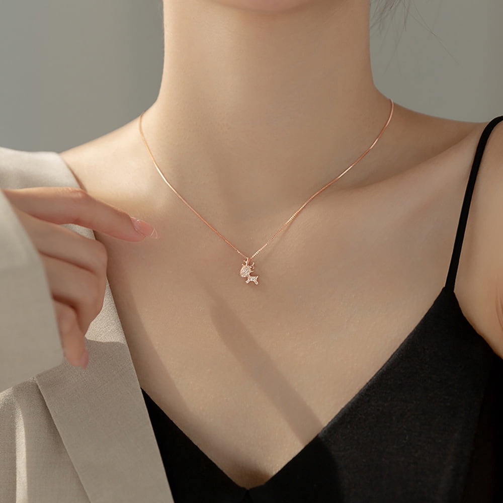 Rose Gold Reindeer Glitter Pendant Necklace 925 Sterling Silver Xmas Jewelry Christmas Gifts for her, Stocking Filler