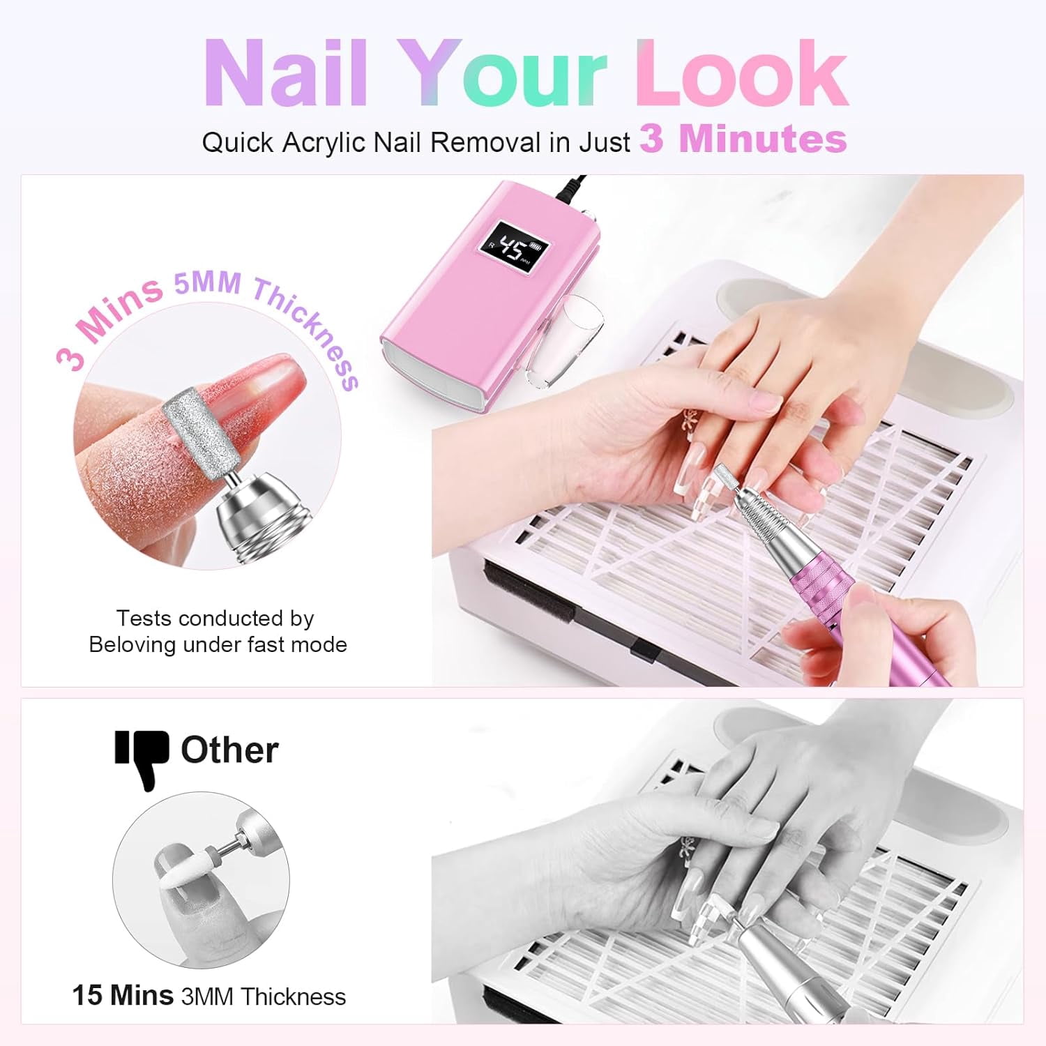 COSITTE 45,000 RPM Portable Electric Nail Drills, LCD Display, Acrylic and Gel Remover, Hand and Foot Care - Pink