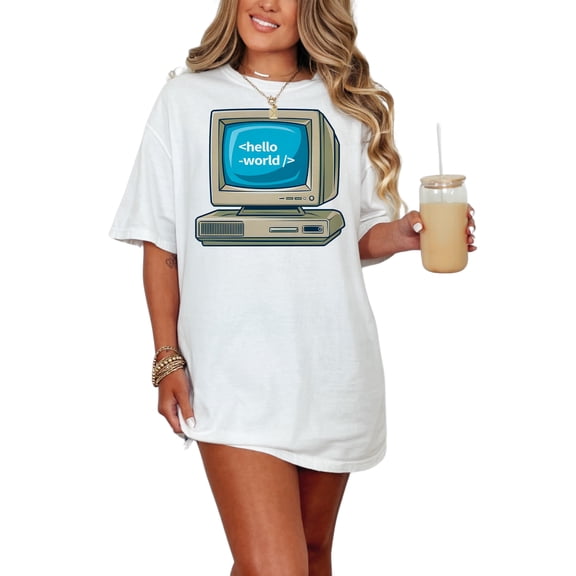 Vintage Computer T-Shirt, Hello World Tee, Programmer Gift, Retro Geek Graphic Tee, Cool Nerd Shirt, Funny Techie T-Shirt, White Comfort Colors T-Shirt, Small