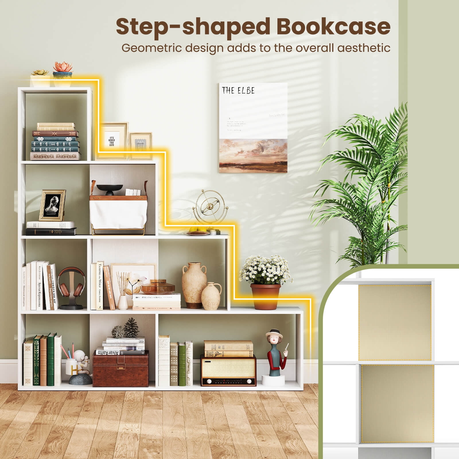 Costway 1 PCS 4-Tier Bookshelf with 6 Storage Cubes 64" Tall Modern Geometric Stair Bookcase