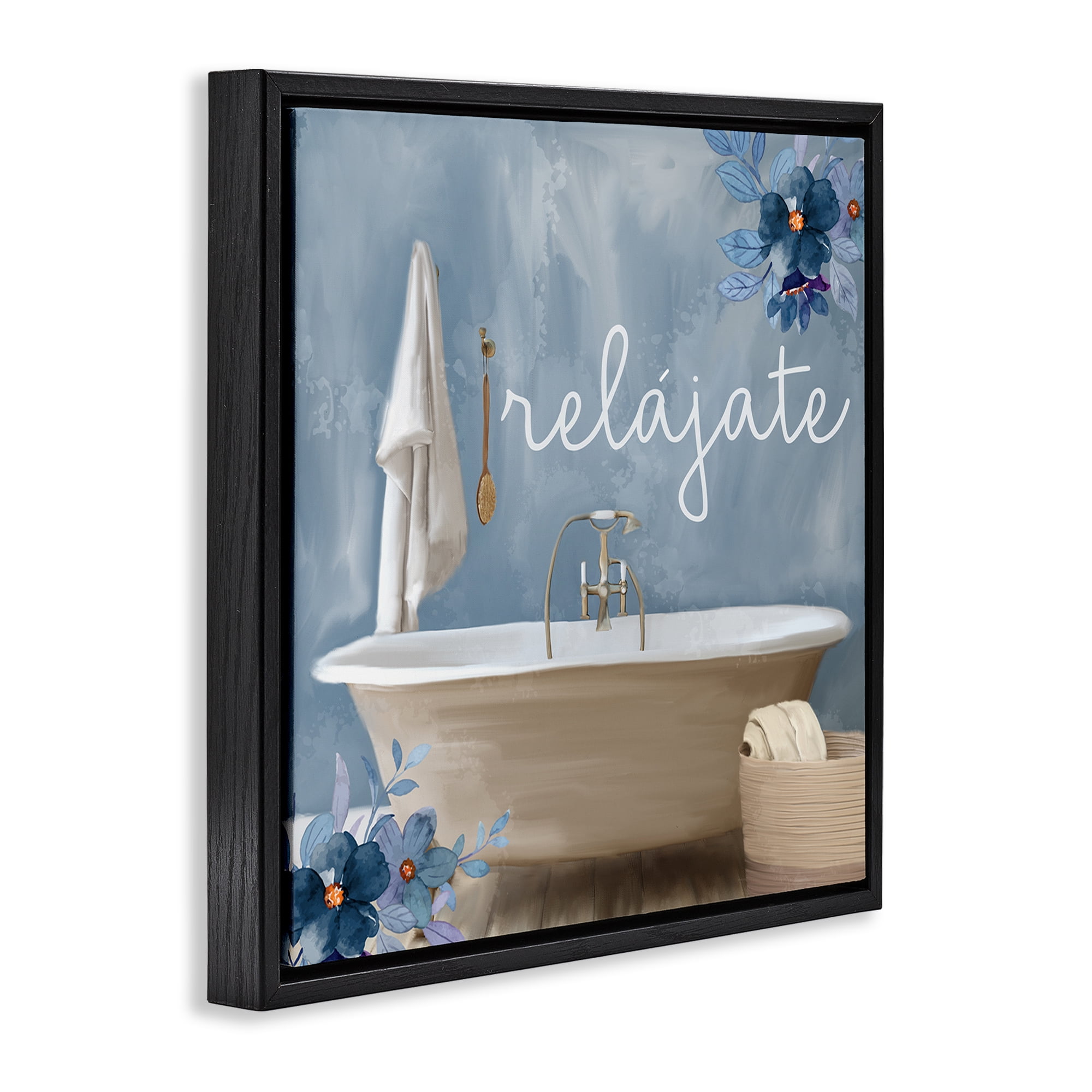 Stupell Industries Relájate con Baño Floral Bath & Laundry Painting Black Floater Framed Art Print Wall Art, 25 x 25