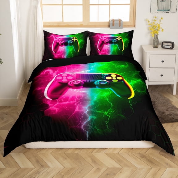 Erosebridal Boys Gamepads Comforter Cover Twin,Geometric Honeycomb Bedding Twin Size,Gradient Lightning Duvet Cover Twin,Microfiber Abstract Bedroom Decorative(No Comforter),Reversible,3pcs