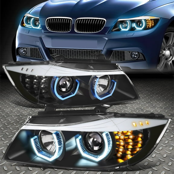Nuvision for 05-08 BMW 3-Series E90 Blue LED 3D Crystal U-Halo Headlights Black