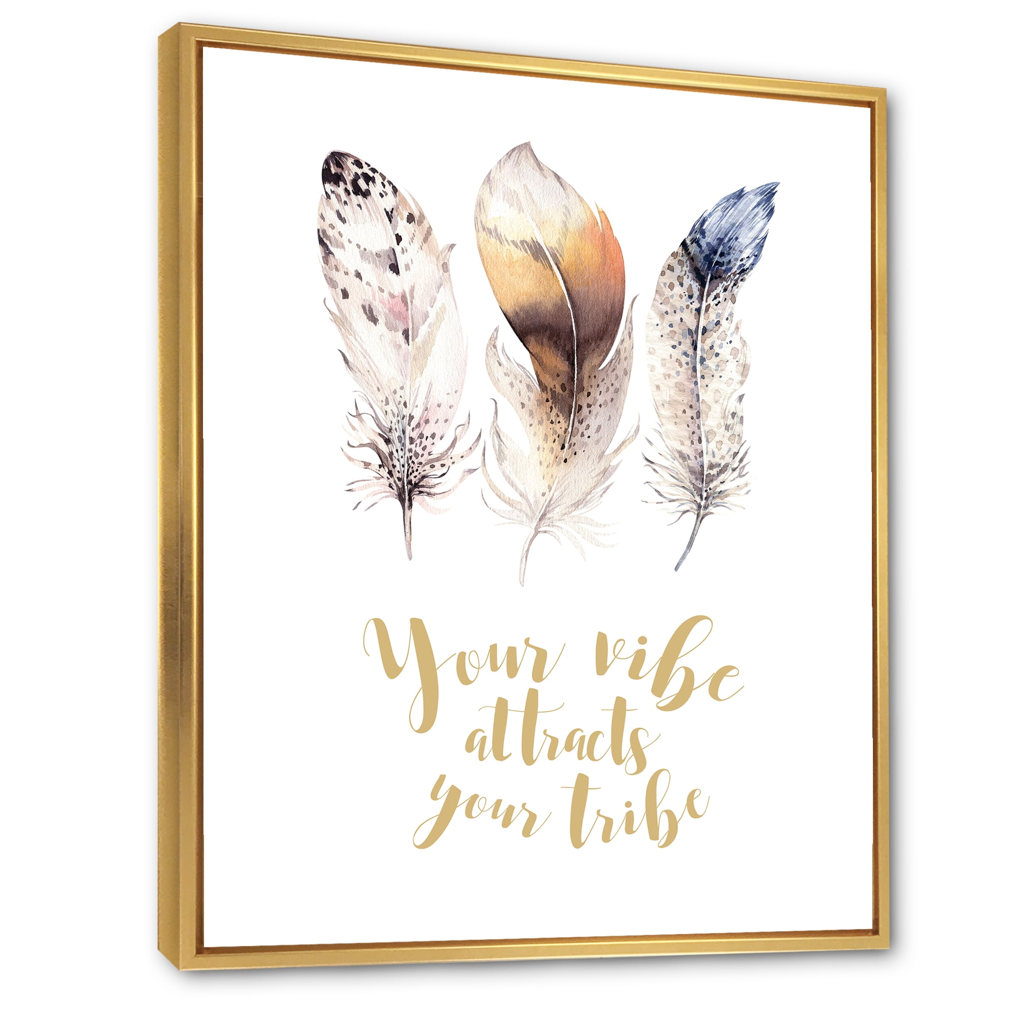 Designart 'Multicolored Ethnic Art Feathers With Inspiring Quote' Bohemian & Eclectic Framed Canvas Wall Art Print