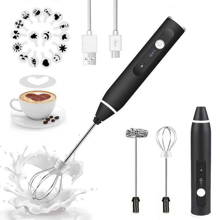 Milk Frother Handheld, USB Rechargeable Milk Foam Maker with 2 Stainless Whisks, Mini Blender Mixer 3 Speeds Adjustable for Coffee, Latte, Cappuccino