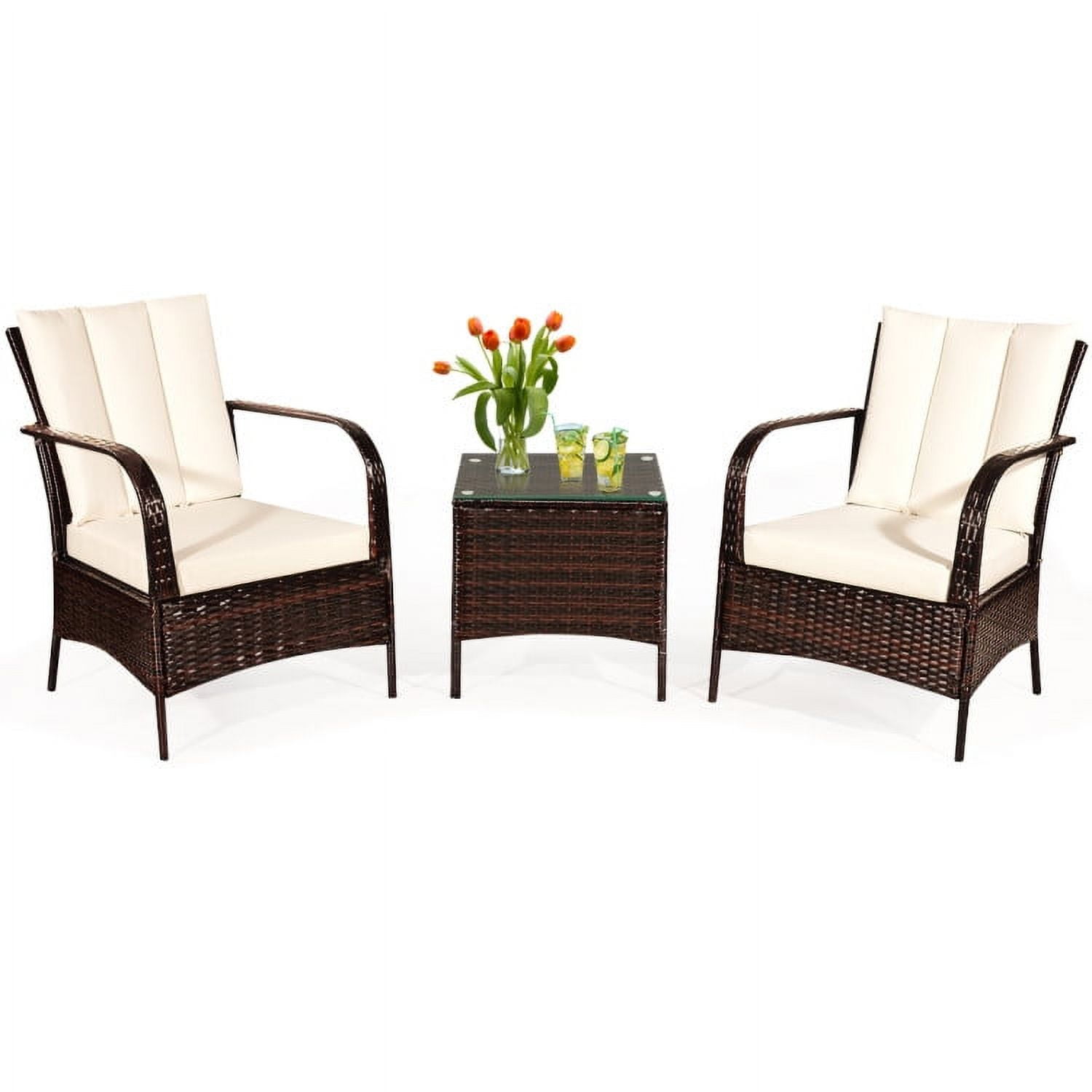 Aimee Lii 3 Pcs Patio Conversation Rattan Furniture Set, Small Patio Set with Glass Top Coffee Table and Cushions, White Aimee Lii 3 Pcs Patio Conversation Rattan Furniture Set, Small Patio Set with Glass Top Coffee Table and Cushions, White