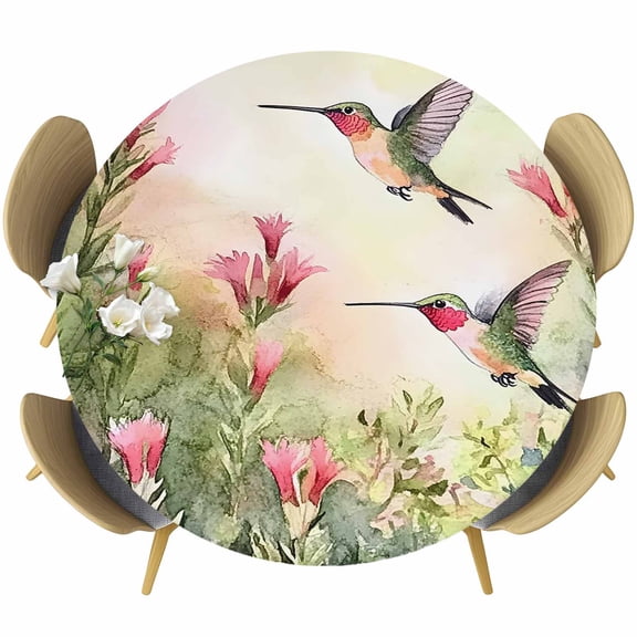 Hummingbird Red Floral Round Tablecloth 36-44 Inch Round Fitted Table Cloth with Elastic Edge, Rustic Botanical Green Ombre Waterproof Table Cover Protector for Outdoor Picnic Party Dining