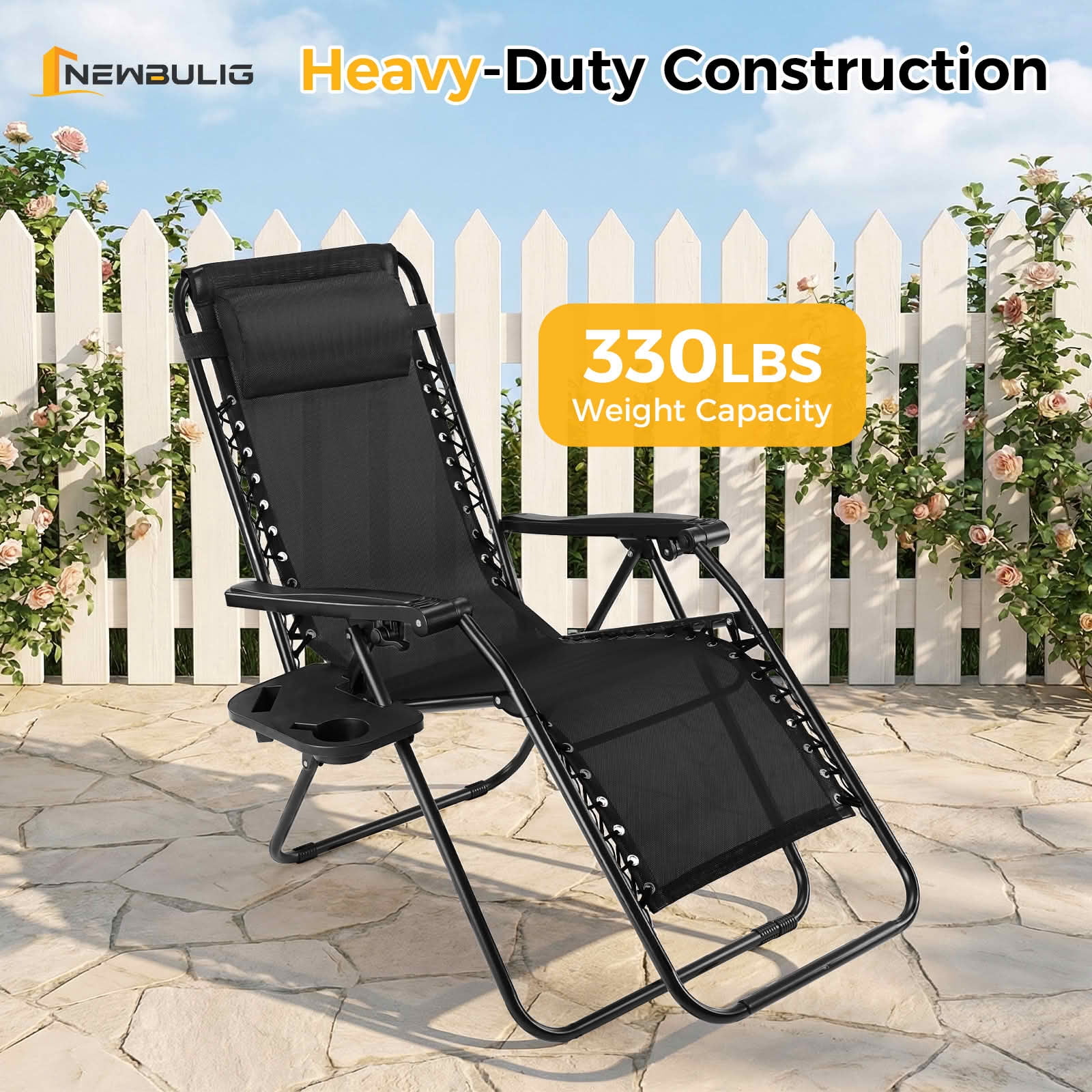 MAYEERTY Set of 2 Zero Gravity Patio Lounge Chairs, Adjustable Alloy Steel Foldable Outdoor Recliners with Pillow Cup Holder Side Tray for Beach Pool Lawn, Holds 300 LBS