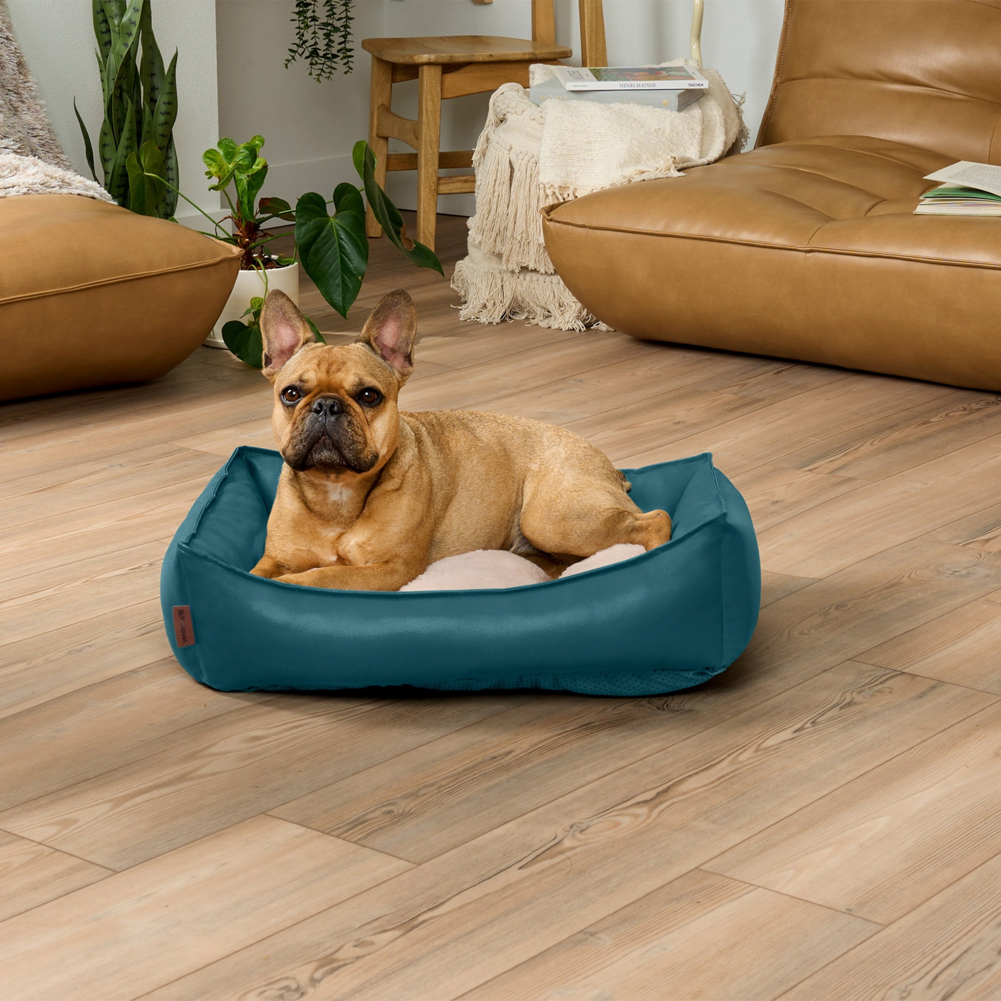 FurHaven Leather Look Cozy Couch Pet Bed for Dogs and Cats - Teal, Medium