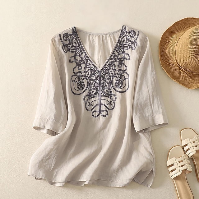 TaTaai Women's 3/4 Sleeve V-Neck Embroidered Casual Tops Loose Fit Linen Style Blouses Lightweight Soft Comfy for Daily Home Office Wear Gift