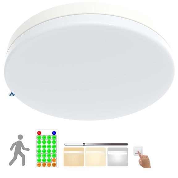 13 Inch Microwave Motion Sensor LED Flush Mount Ceiling Light Fixture with Photocell, Remote, 30W 3000lm CCT, IP4X, 100LM/W, Dimmable, Ceiling Light Fitures for Hallway Stair Closet Basement, White