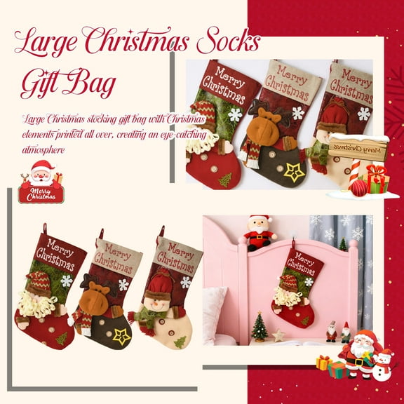 3PCS 11" Christmas Stocking Classic Large Stockings Santa, Snowman, Reindeer Xmas Character for Family Holiday Christmas Party Decorations