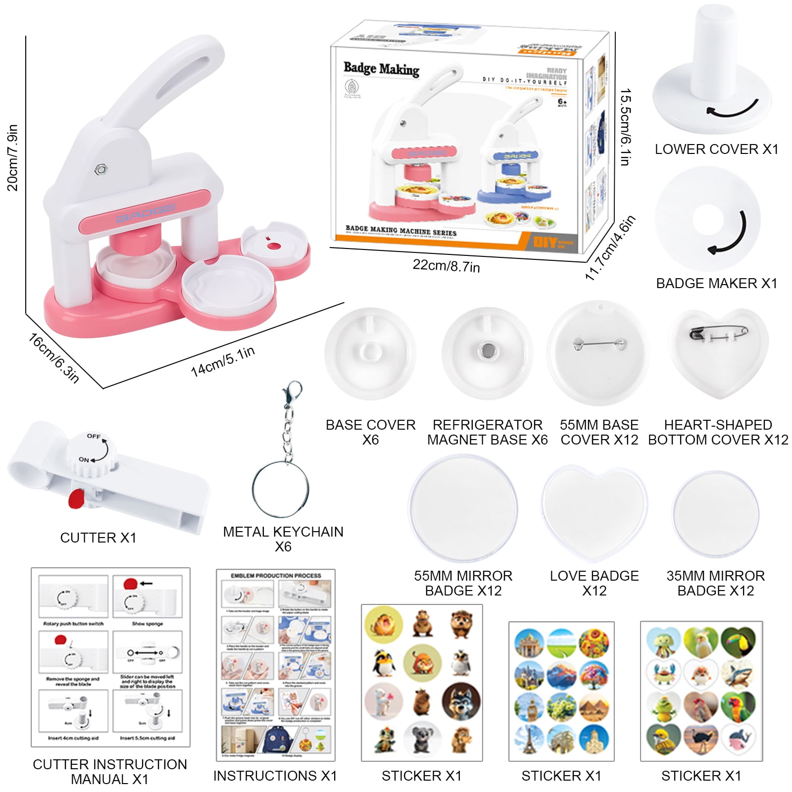 Badge Maker for Kids, 35-55mm (1.37-2.16 inch) DIY Pin Button Maker Press Machine, Badge Machine Punch Kit with 24 pcs Button Parts & Picture Cutters for Kids DIY Gifts and Christmas-Pink