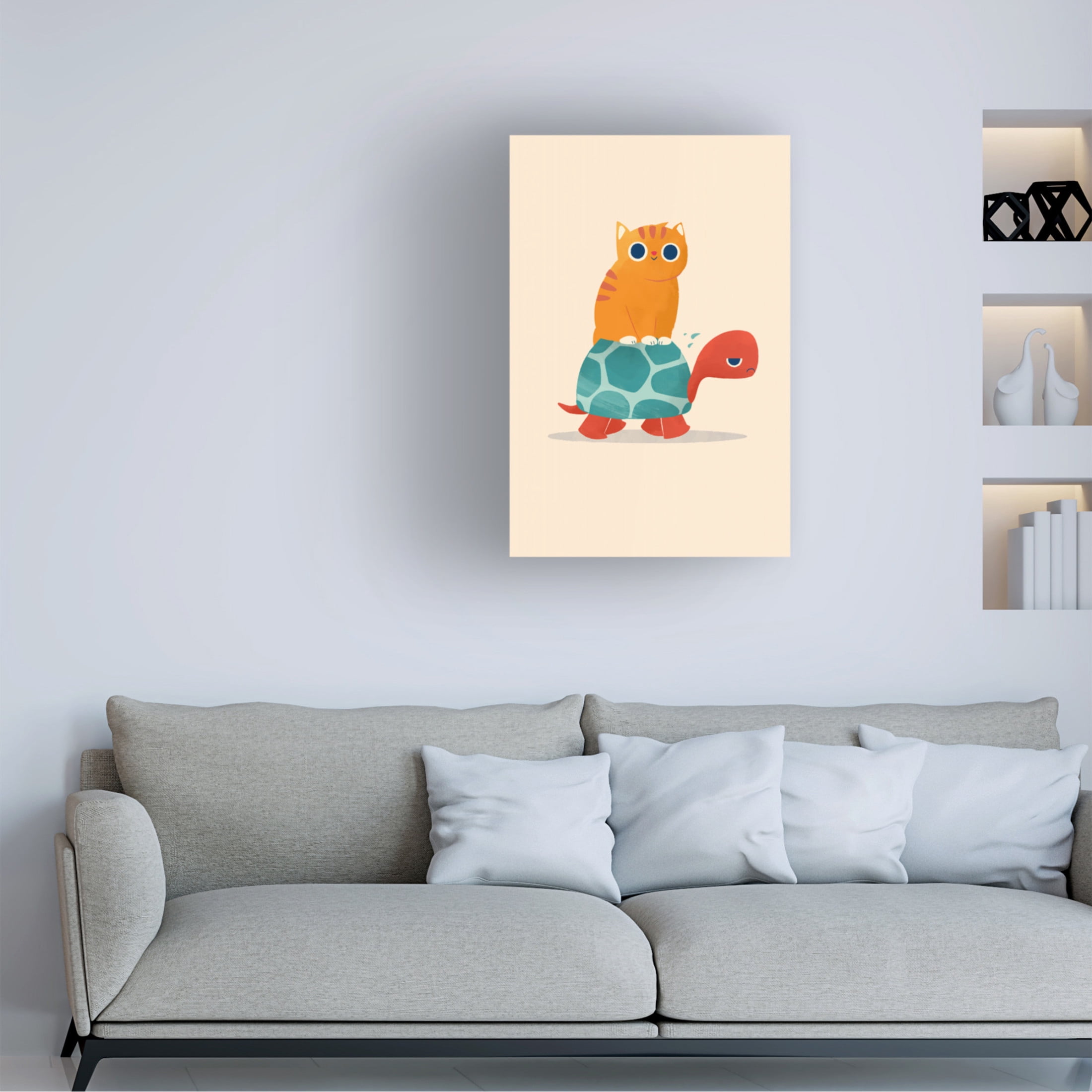 Canvas Wall Art - Jay Fleck 'Fat Cat Rides Turtle' Wall Art for Living Room, Bedroom, or Office Décor by Trademark Fine Art - 12 x 19 Inches