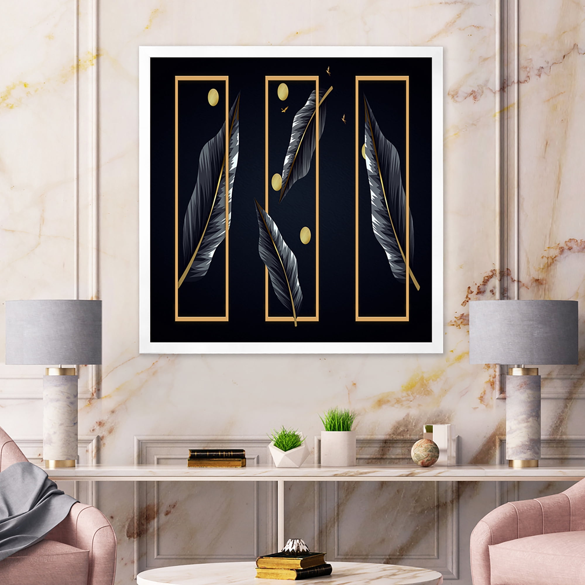 Designart 'Black Tropical Leaves Under Golden Rectangles' Modern Framed Art Print