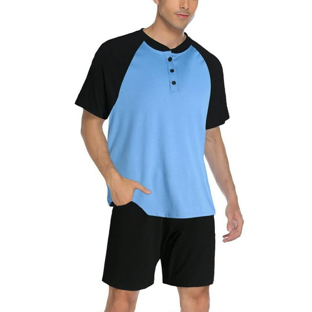 QJUHUNG Men’s Summer Pajamas Sets Contrast Color Short-sleeved Tops and Solid Color Shorts Home Clothes