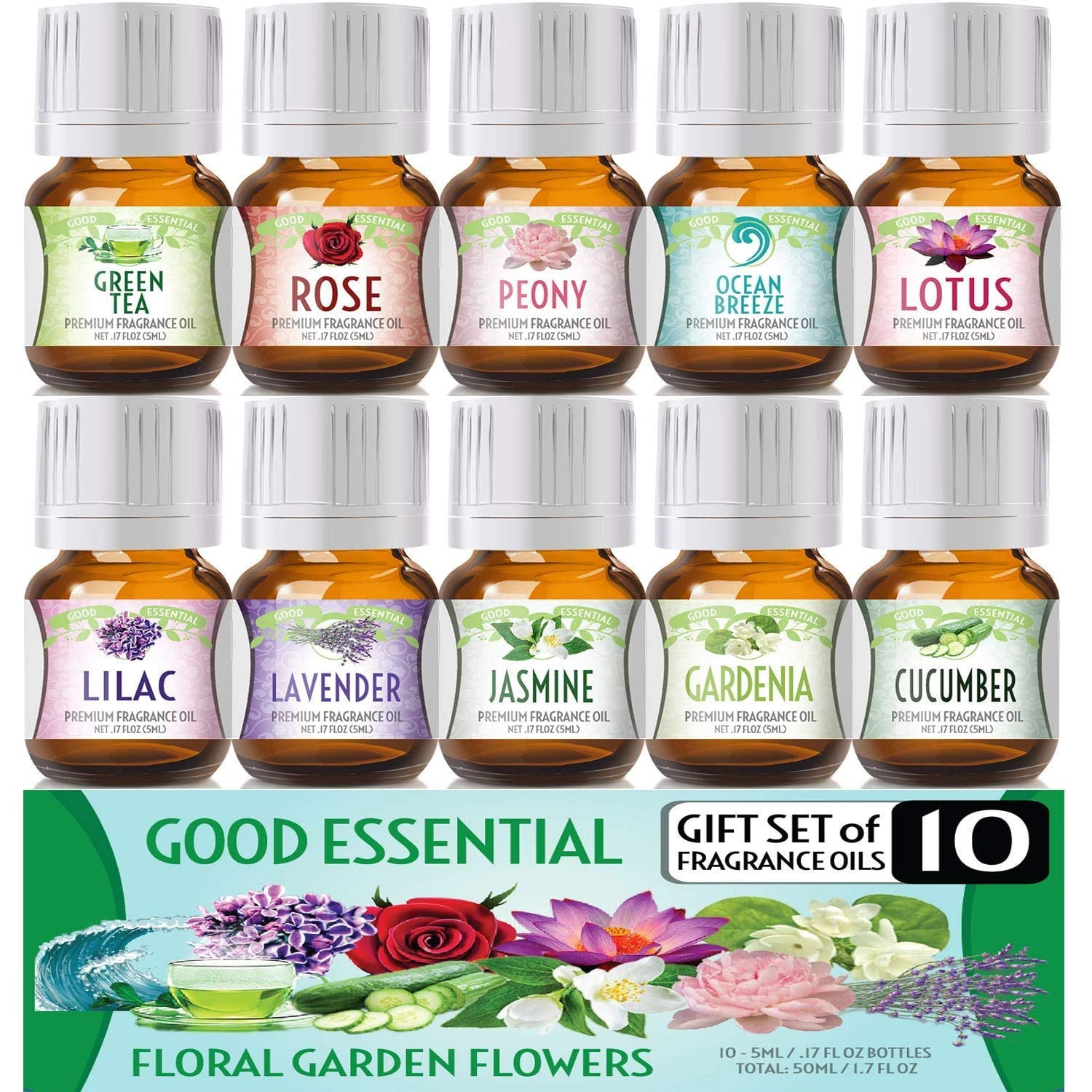 Floral Ocean Gardens Good Essential Fragrance Oil Set (PACK OF 10) 5ml Set Includes Lavender, Rose, Jasmine, Lilac, Lotus, Peony, Gardenia, Green Tea, Cucumber, and Ocean Breeze Scented Oils
