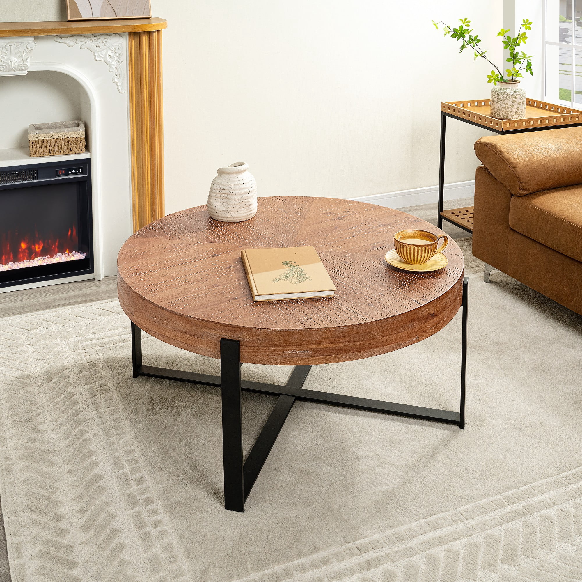 BSHTI 31.29" Metal Wood Round Coffee Table with Retro Splicing Top, Cross Metal Frame, Rustic Style for Living Room(Natural+Black)