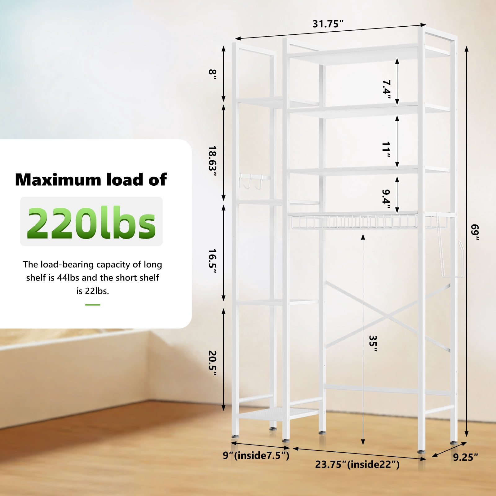 Biemlerfn 8-Tier Over the Toilet Rack, Bathroom Storage Organizer with Adjustable Shelves, Toilet Paper Holder & Hooks, White