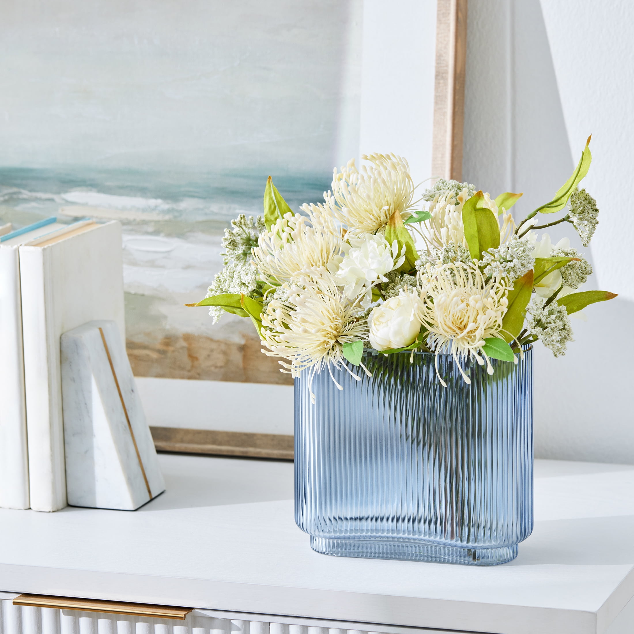 Better Homes & Gardens Ribbed Glass Vase, 7'', Blue