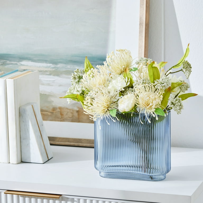 Better Homes & Gardens Ribbed Glass Vase, 7 inch, Blue Modern
