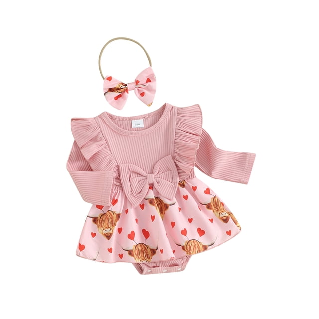 TheFound 0-18M Baby Girl 2Pcs Outfits Ruffle Romper Dress with Headband Set Valentine’s Day Clothes