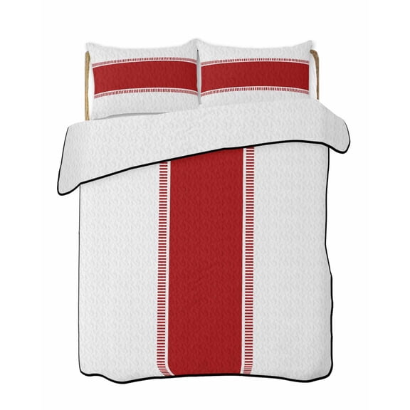 Quilts Full Size Bedding Set, Red Solid Color Texture Lightweight Quilted Comforter, Simple Red Stripes Soft Reversible Bedspread Coverlet with Pillow Covers for All Season, 78" x 90"