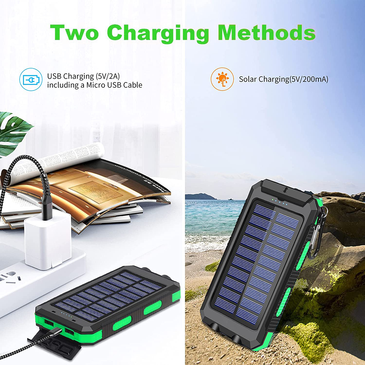 20000mAh Solar Charger for Cell Phone iphone, Portable Solar Power Bank with Dual 5V USB Ports, 2 Led Light Flashlight, Compass Battery Pack for Outdoor Camping Hiking(Green) - image 4 of 7