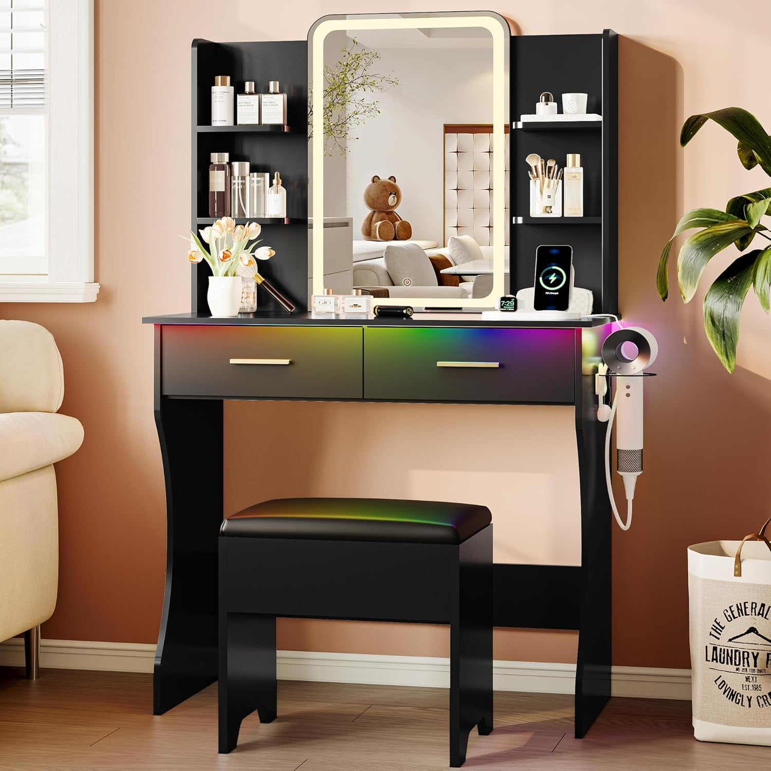 FANRAL Vanity Set with Mirror and Lights,31.5" Small Vanity Bedroom Vanity Desk,Makeup Vanity with Chair & Drawers & Power Outlet,Black Vanity