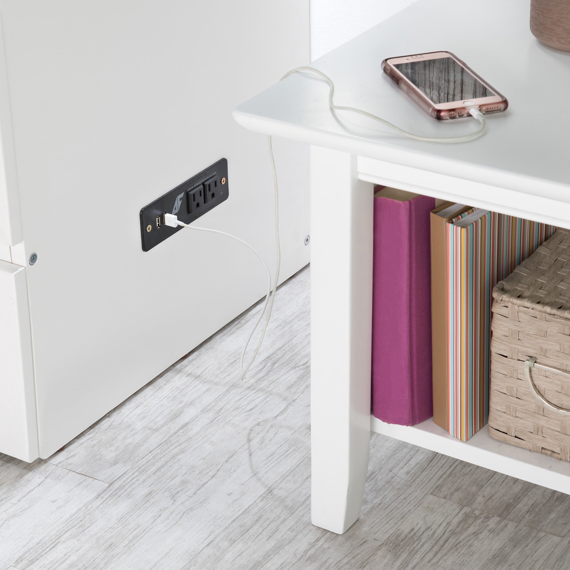 AFI Deerfield Queen Solid Wood Murphy Bed Chest with Mattress, Drawer & Charger in White