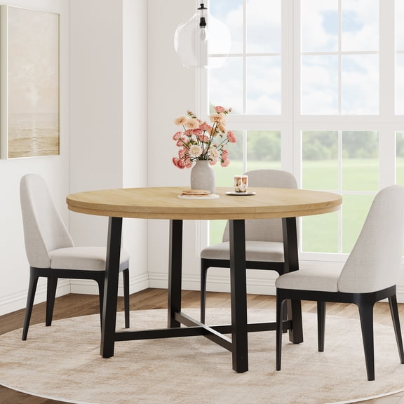 COZONY 47" Industrial Farmhouse Round Dining Table, Rustic Brown Wood Top with Cross-Braced Steel Frame, Seats 4-6, Space-Saving Design for Kitchen & Dining Room,Wood color