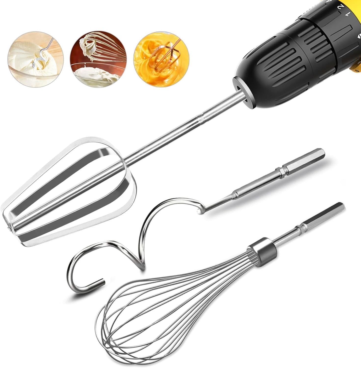 RGHJAR-3-Piece Stainless Steel Hand Mixer Attachment Set - Whisk, Dough Hook, Egg Beater for Drills - Dishwasher Safe, 7.5 Inch (Drill Not Included)