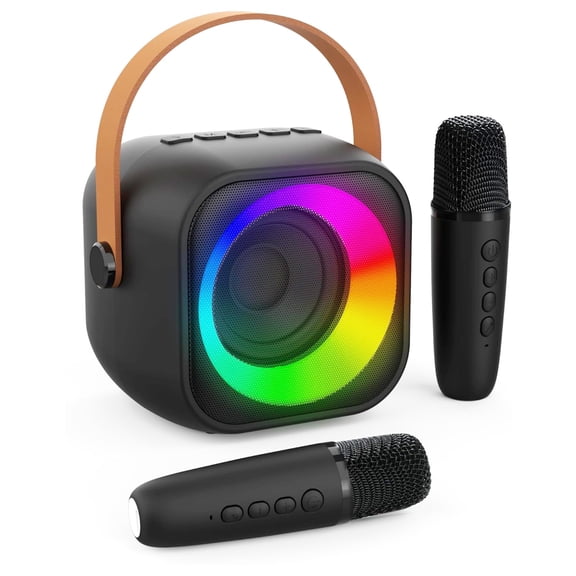 Mini Karaoke Machine, Portable Bluetooth Speaker with 2 Wireless Microphones for Kids & Adults, Karaoke Microphone with LED Lights, Gifts for Girls & Boys