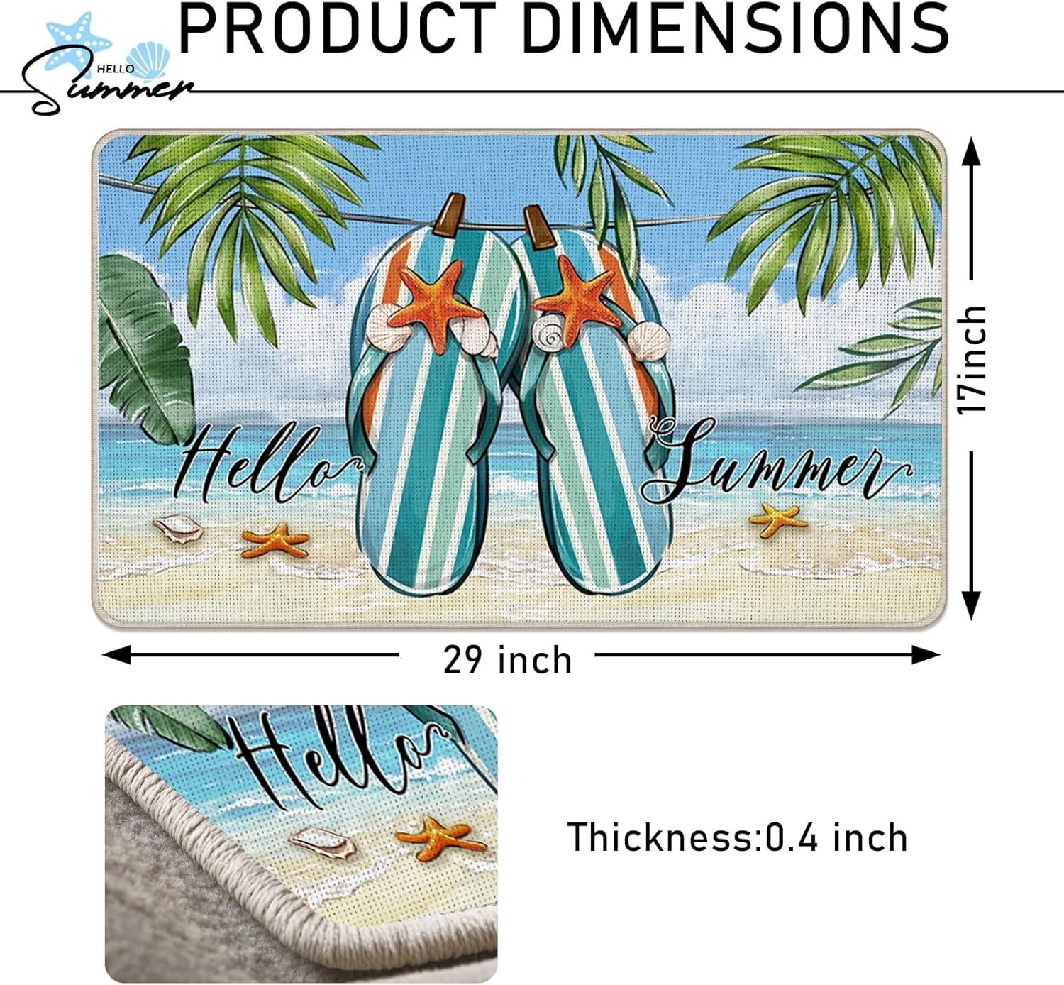 Hello Summer Flip Flops Decorative Front Door Mat, Beach Coastal Tropical Doormat Indoor Outdoor Non-Slip Floor Entryway Rug, Hawaii Palm Leaves Nautical Home Kitchen Decoration 17x30 Inch