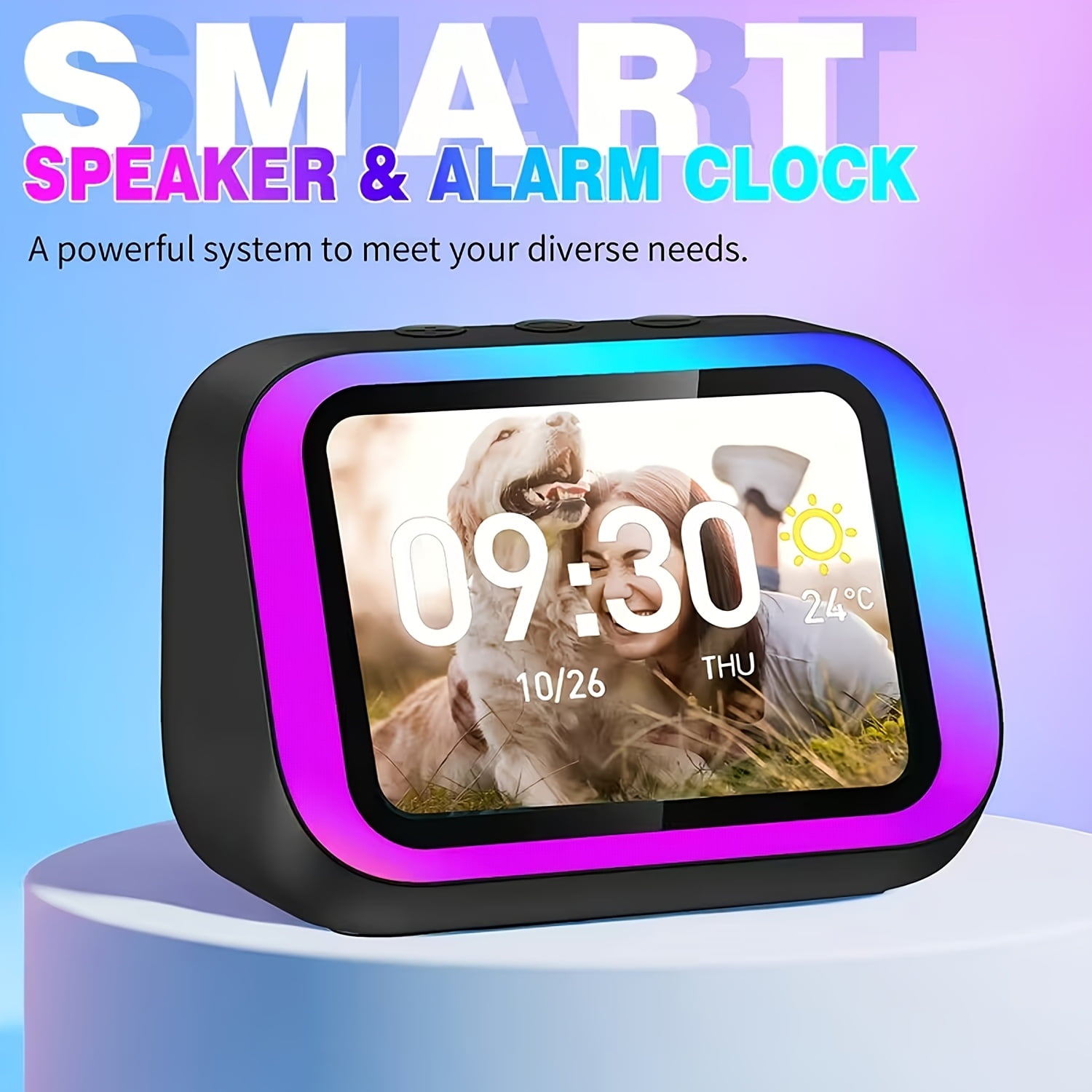AI Smart Speaker with Large Screen, RGB Ambient Light Digital Alarm Clock, Voice Control, Hands-Free Call, Music Player, Portable Bedside Speaker for Home, Office and Bedroom