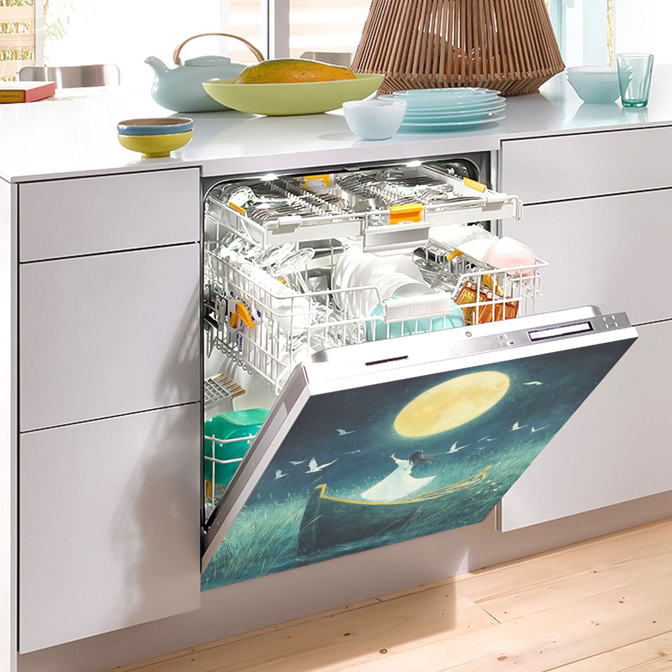 Dishwasher Magnetic Sticker 23x26 Inch Refrigerator Magnetic Sticker Washing Machine Magnetic Sticker Kitchen Panel Magnetic Sticker Home Decor Cartoon Moon Beauty