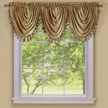 Ombre Sandstone Striped Modern Window Curtain Panel: Tasseled Waterfall Valance