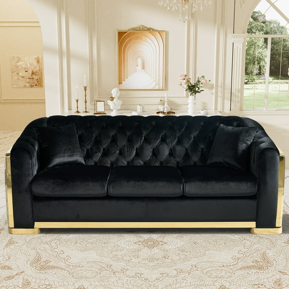 Wiilayok 84" Velvet Luxury 3 Seat Sofa, Mid-Century Classic Chesterfield Sofa Couch With Button Tufted,Golden Lines for Living Room,Black