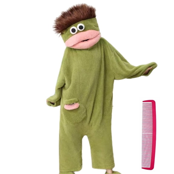 Funny Big Mouth Monster Onesie with Large Comb Prop,Green Silly Puppet Cosplay One Piece Pajamas,Family Matching Warm Home Loungewear, Oversized Fleece Sleepwear for Halloween Cosplay Party Costume