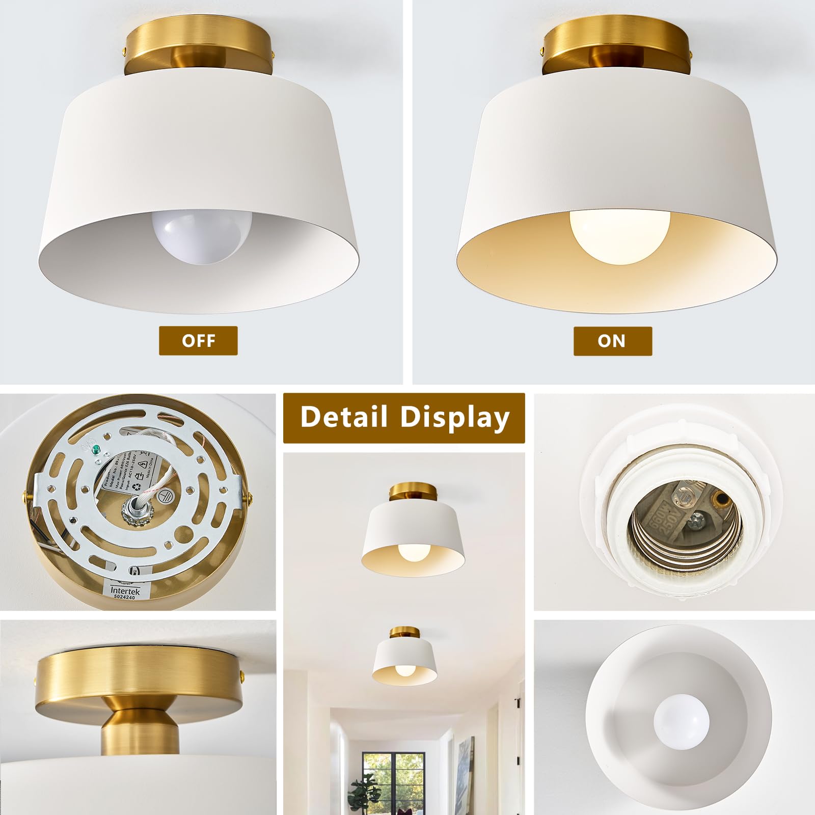 Modern Semi Flush Mount Ceiling Light 2 Pack,Metal Ceiling Light Fixture,E26 Ceramic Lamp Head,Black and Gold Ceiling Lamp for Hallway Kitchen Entryway Bedroom Laundry Room
