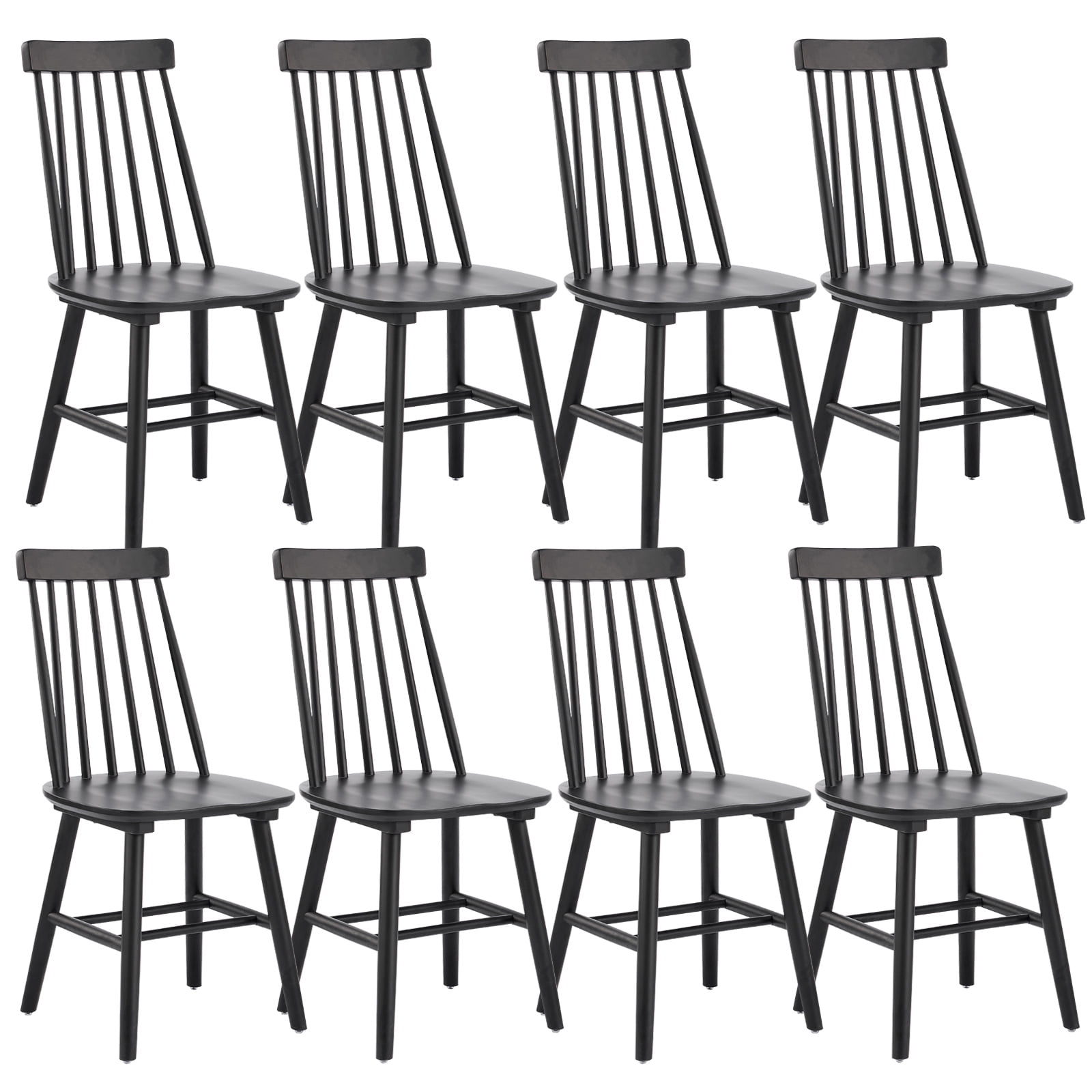 Windsor Dining Chairs Set of 8, Solid Wood Spindle Back Kitchen Side Chairs, Modern Farmhouse Armless Wooden Seating, Black