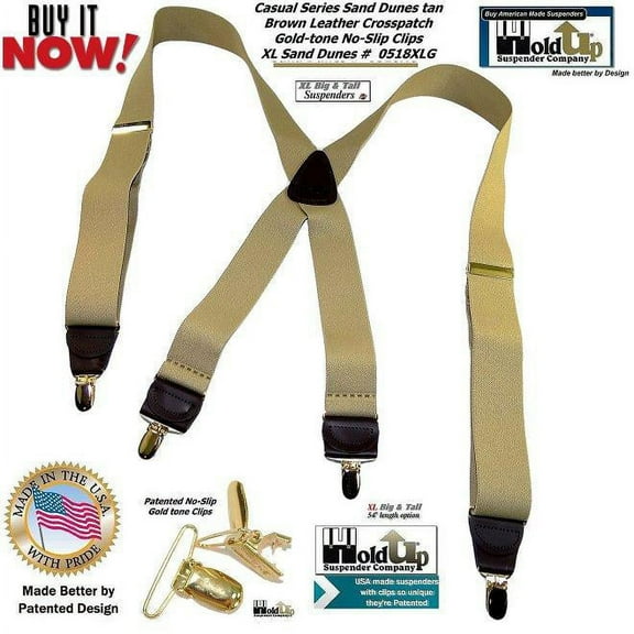 HoldUp Brand XL Tan Casual Series Suspenders in X-back and Patented Gold Clips for the big and tall man
