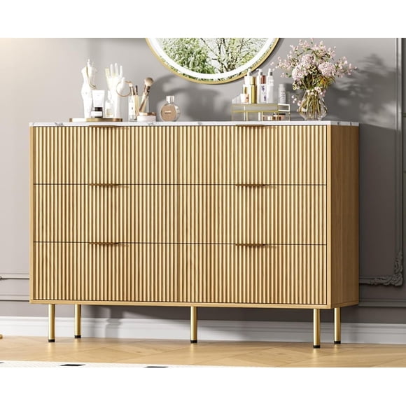 6 Drawer Dresser for Bedroom Chest of Drawers, 47" Wide Fluted Dresser with Drawers, Modern Wooden Double Dressers with Metal Handles for Living Room, Hallway